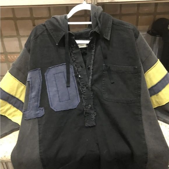 Free People Varsity Graphic HoodedOversize Letter Embroidery Piecing Raw Rounded - Picture 5 of 7